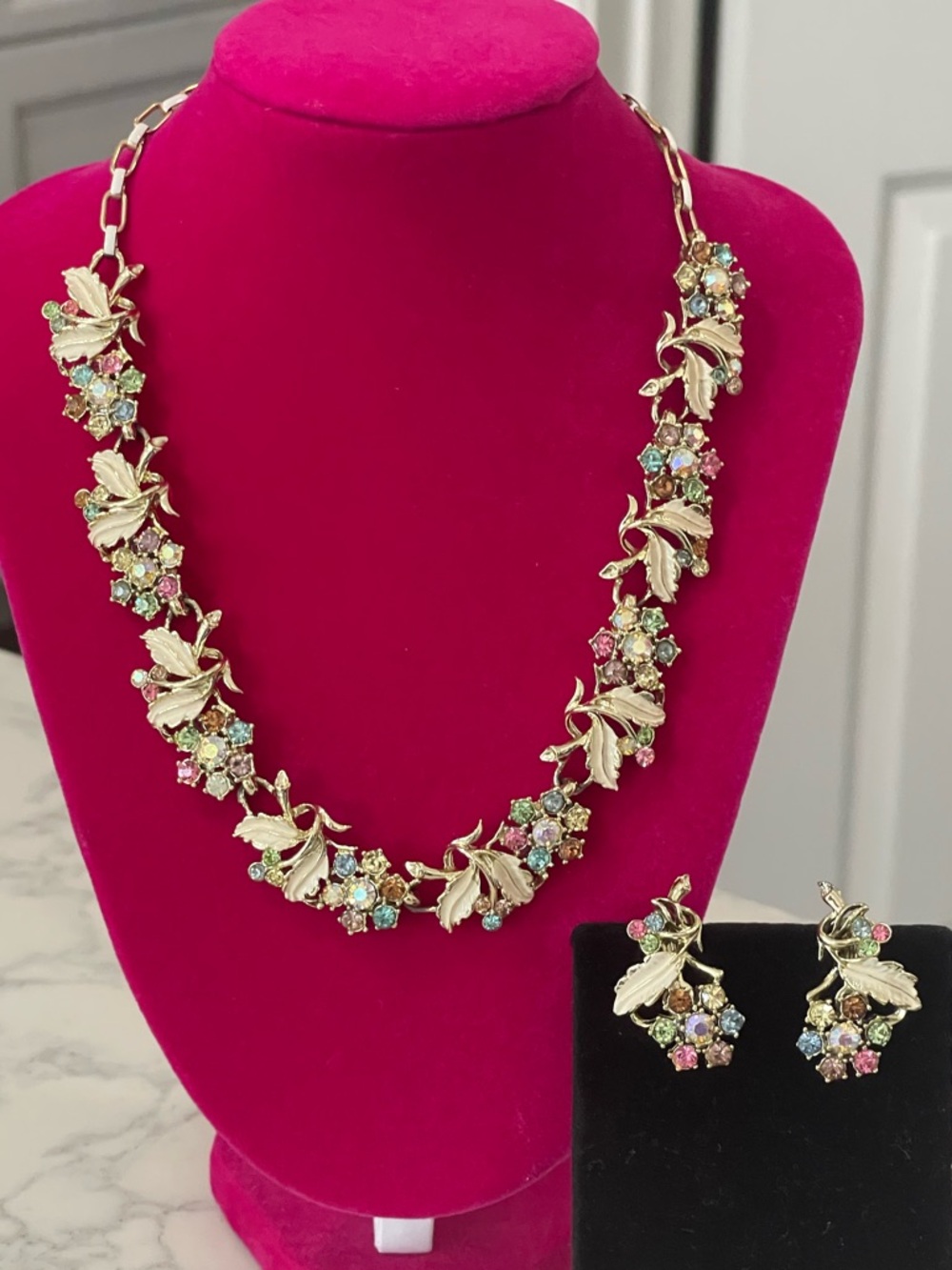Vintage 1950s Pastel Rhinestone White Enamel Demi Parure Necklace Earrings Set